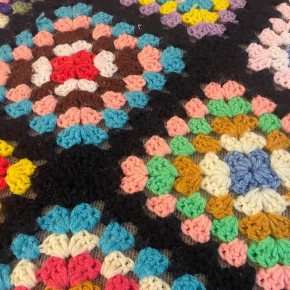 70s Inspired Large Handmade Crochet Throw Blanket Black (Vintage)